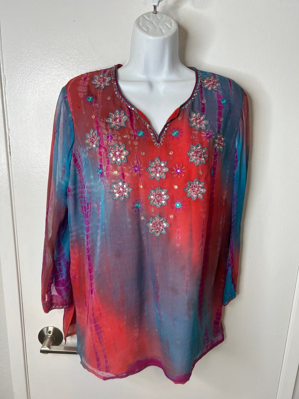 Indira Women's Silk Embroidered Embellished Split-V Neckline Blouse ~ Size L